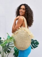 ⁦Round Straw Tote Bag⁩ - الصورة ⁦3⁩